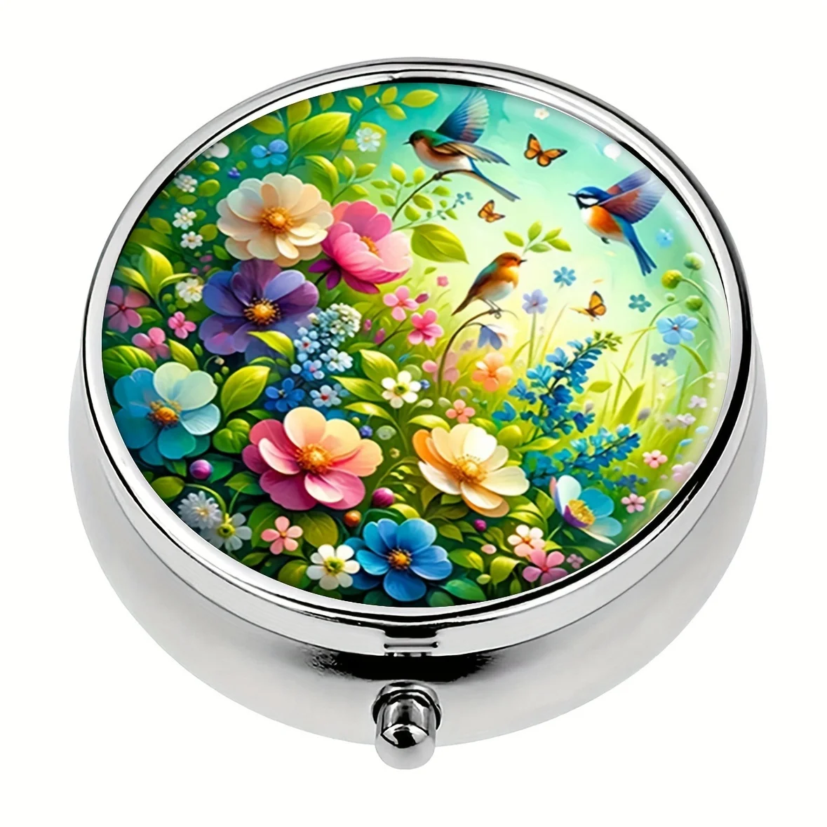 A bird and flower round medicine box,3 compartments mini decorative pockets portable travel tablets vitamin storage box