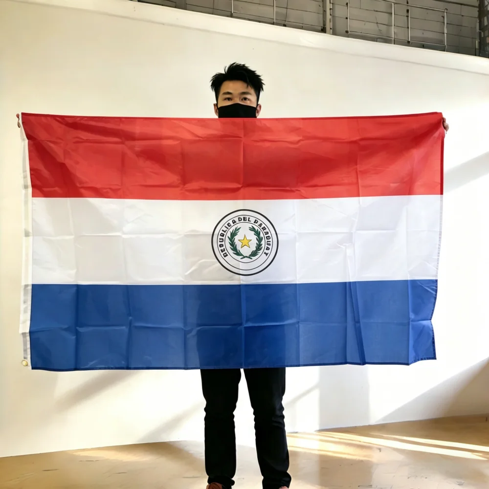 FlagGo Paraguay Flag 150x90cm 3x5 FT Red White Blue Tricolor National Coat of Arms Polyester Double Stitched Outdoor Indoor Deco