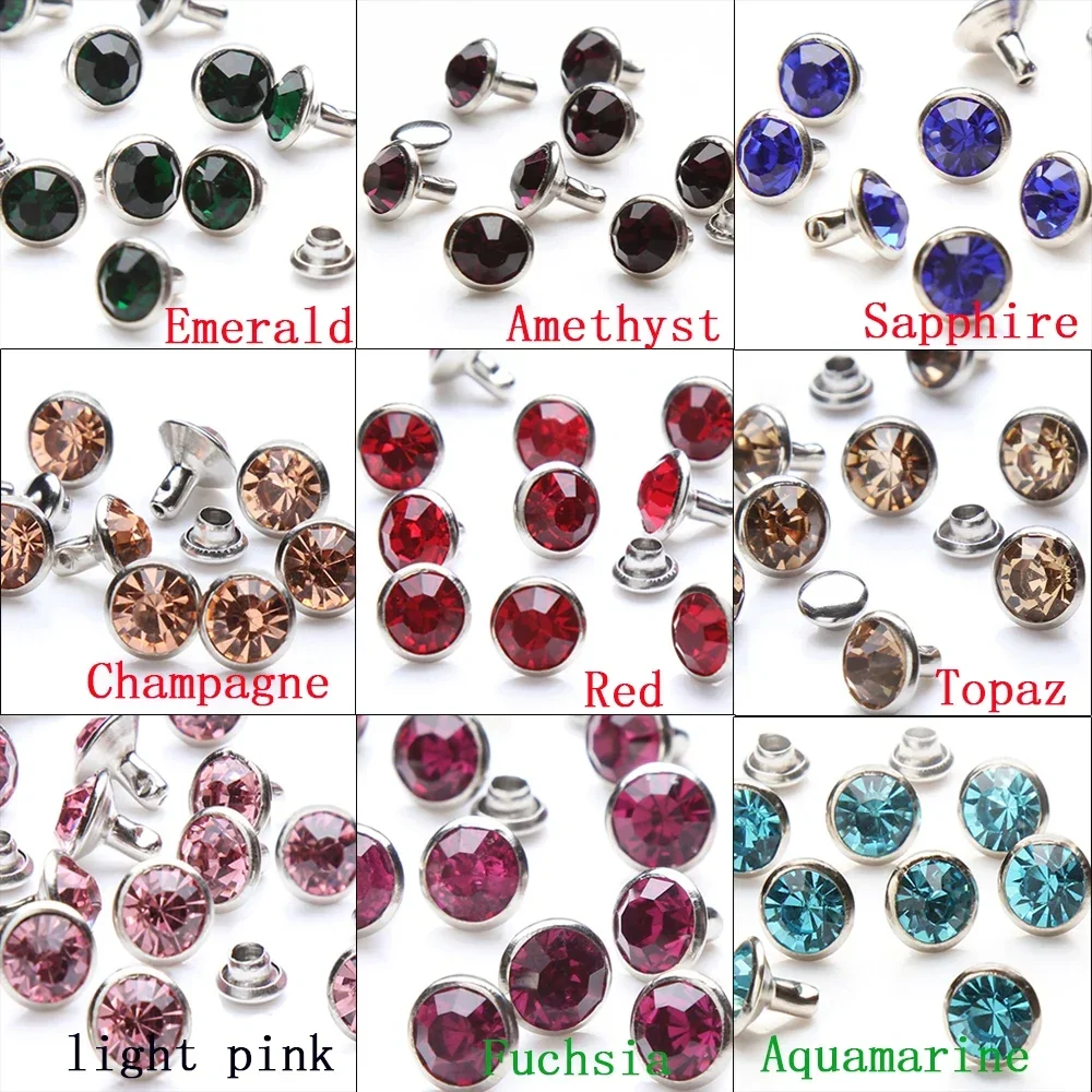 100 Sets 6 & 8mm Shiny Czech Crystal Rhinestone Rivet Metal Base Studs Decoration Findings For Clothing Bag Leathercraft