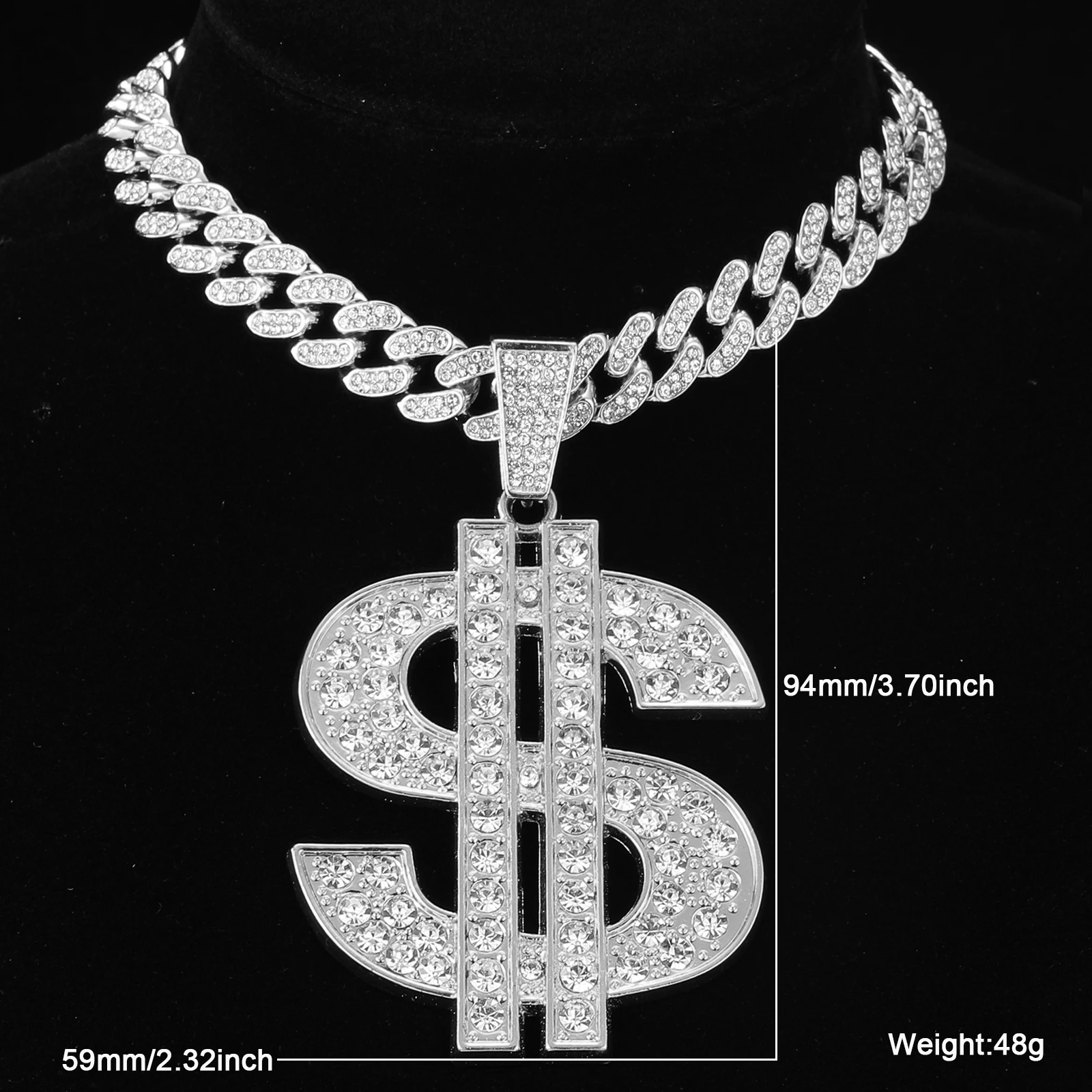 D&Z New US Dollar Pendant  With 13mm Rhinestones Cuban Chain HipHop Iced Out Bling Necklaces Fashion Jewelry For Man Gift