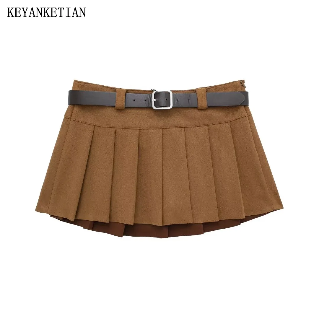 KEYANKETIAN 2024 New Launch Women's Suede Pleated Skirt American Retro With Belt Low-Rise Camel Mini Skirt Culottes Y2K Skort