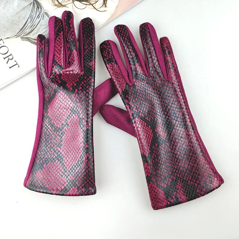 Fashion Snake Pattern Faux Animal Veins Thick Suede Leather Warm Gloves Women Winter Outdoor Velvet Driving Touch Screen Mittens