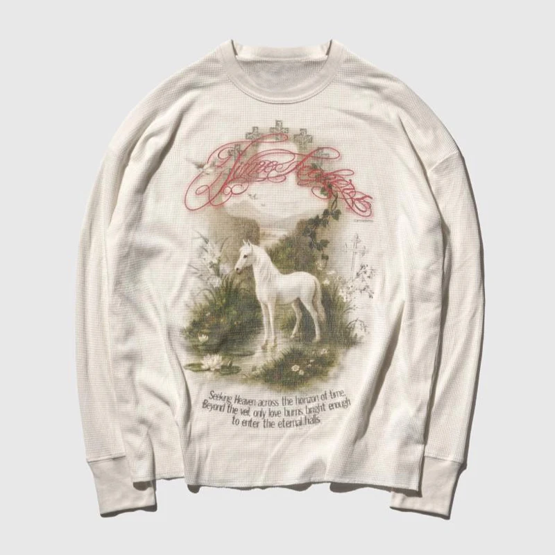 American Retro Style Y2K Autumn and Winter New Item Unisex Patterned Printed Top, Daily Style Base Shirt