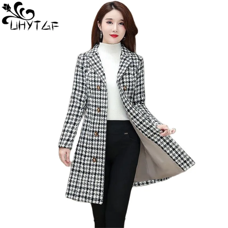 

UHYTGF Elegant Winter Coat Womens Quality Casual Autumn Woolen Jacket Female Double Breasted Plaid Outerwear Ladies Abrigos 2143