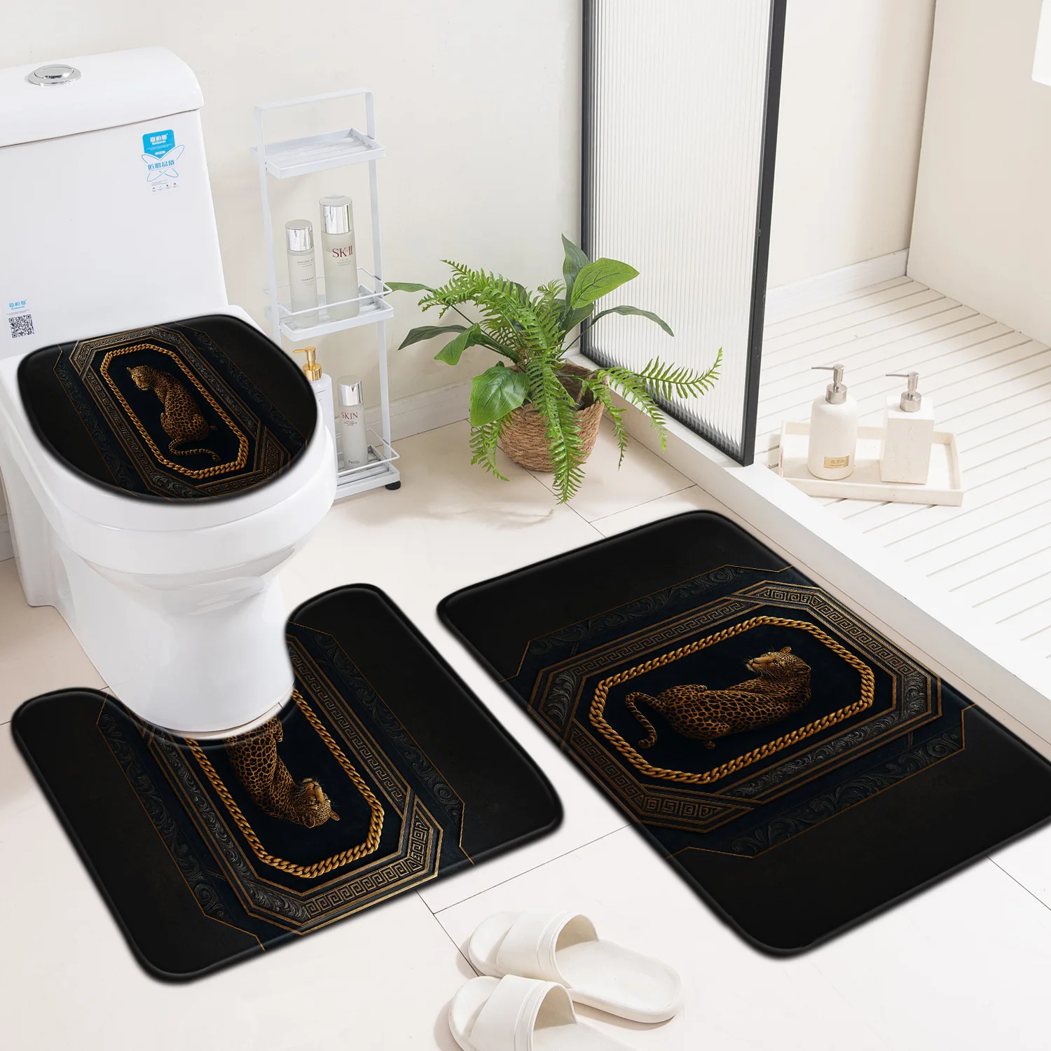 3‑Pieces Vintage Chain Leopard Print Bathroom Mat Set, Home Decor Rug Kit With Toilet Lid Cover & Entry Mat
