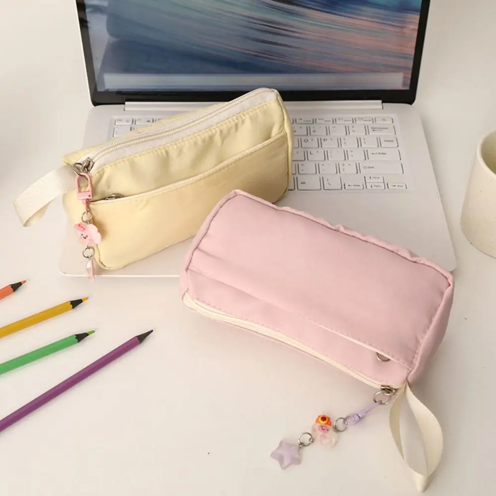 Simple Solid Color Pen Bag Double Layers Large Capacity Stationery Bag Handheld Design Pen Pouch School Office