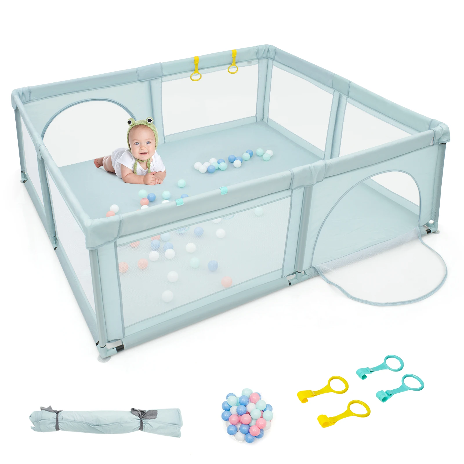 Extra Large Baby Playpen Safety Baby Play Yard w/50 Ocean Balls & 4 Handles