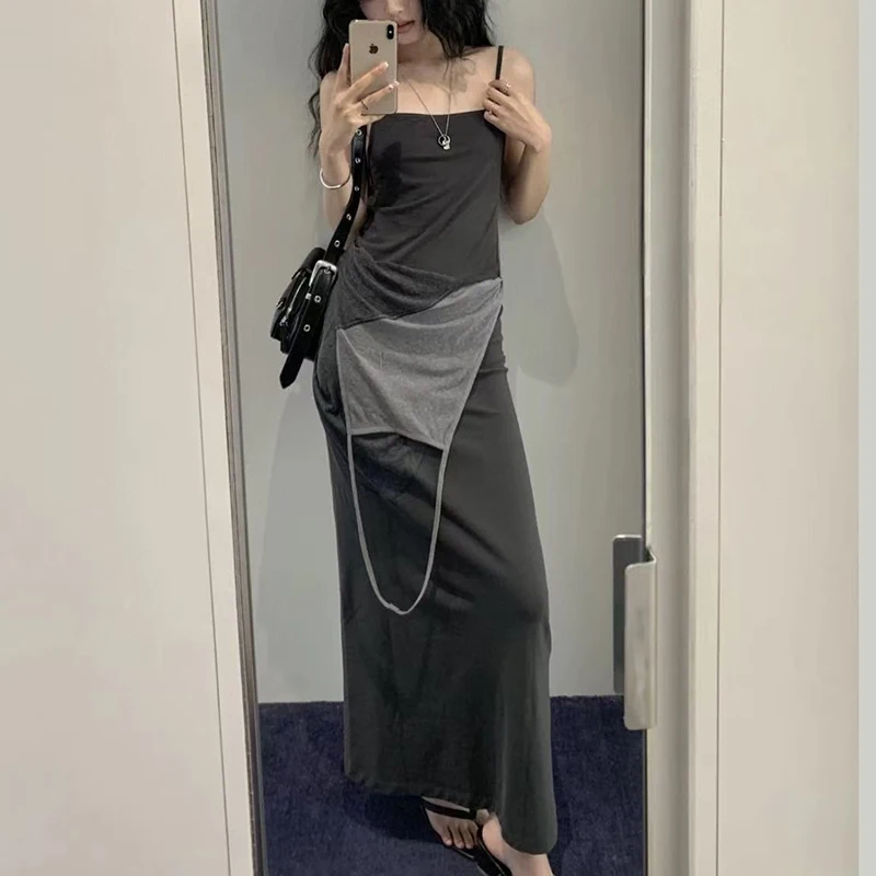 

Women's dress New color blocking patchwork sleeveless long dress for summer 2025 Cotton blend suspender dress y2k party dresses
