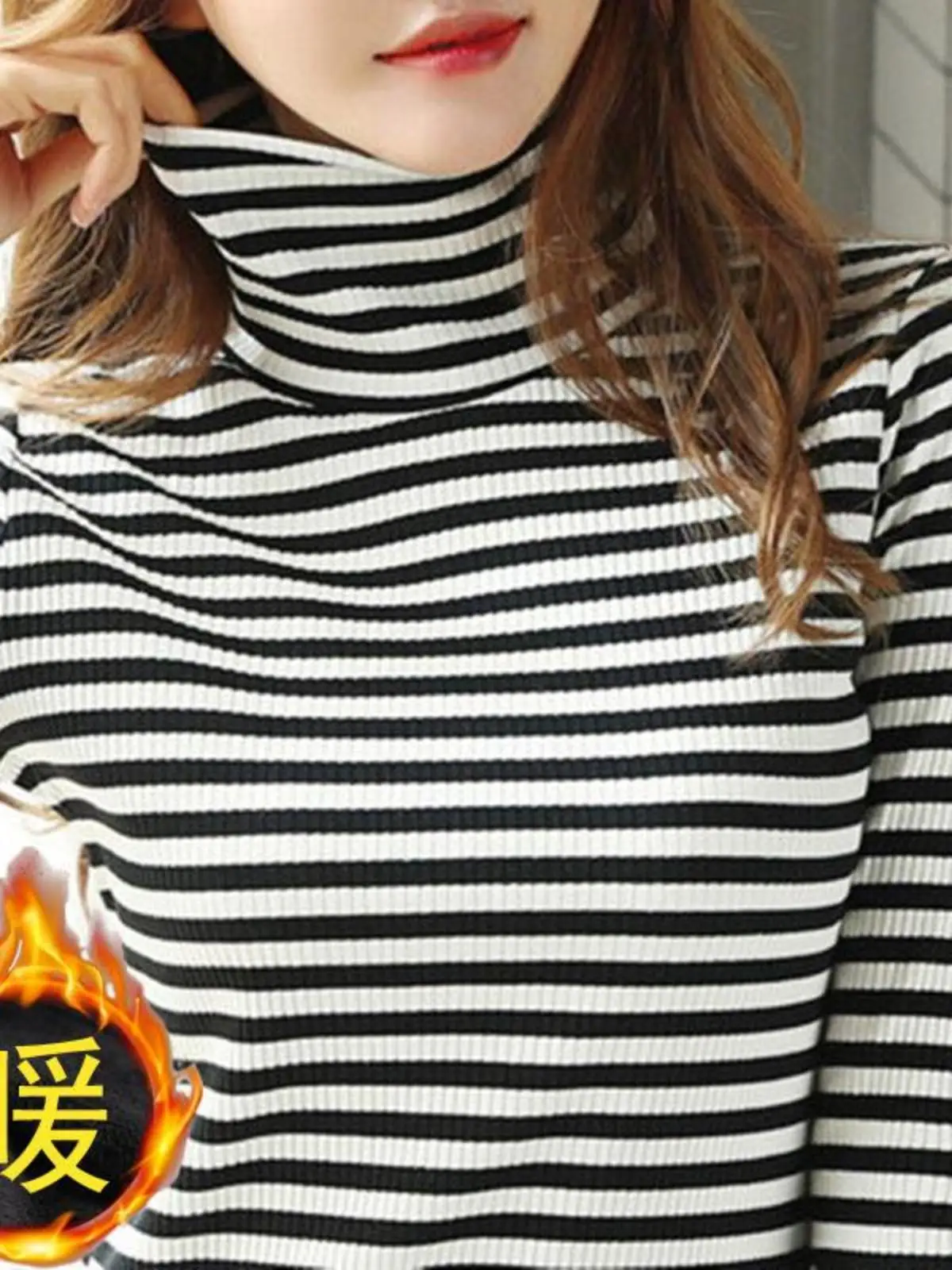 women's-long-sleeve-striped-base-shirt-fleece-lined-high-collar-t-shirt-autumn-winter-korean-style-pocket-square-handkerchief