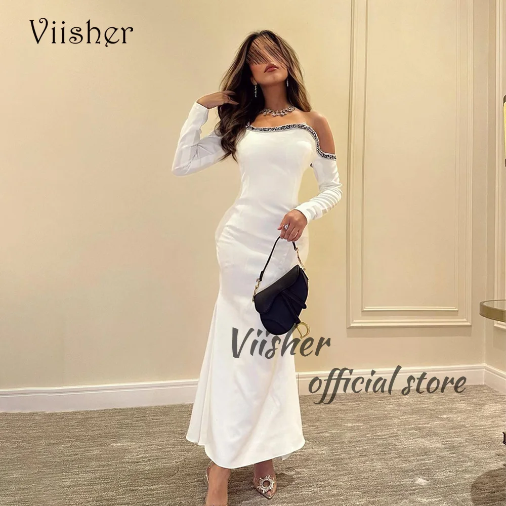 

Viisher White Mermaid Evening Dresses 3/4 Sleeve Beads Satin Tight Long Party Prom Dress Floor Length Arabic Formal Gowns