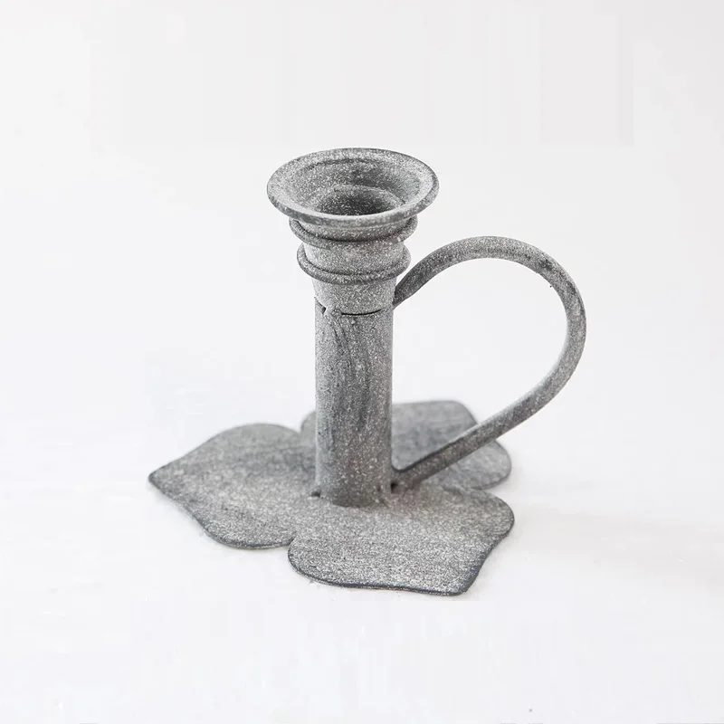 

Vintage Candle Holder, Gray Distressed Iron, 10cm Height, Decorative Three-Leaf Base with Handle