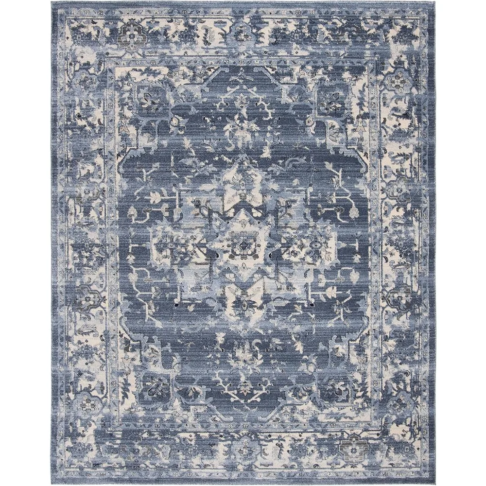 Charleston Collection Area Rug - 9' x 12', Navy & Creme, Oriental Distressed Design, Non-Shedding & Easy Care,Home Textile