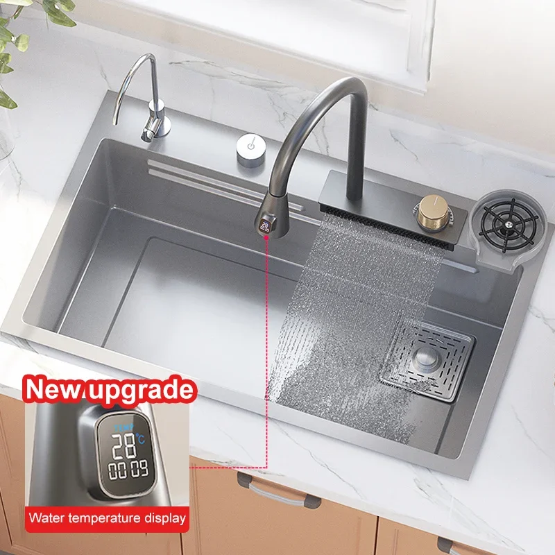 Waterfall Kitchen Sink 304 Stainless Stainless Steel Sink Large single sink Multifuctional Waterfall Faucet For Kitchen