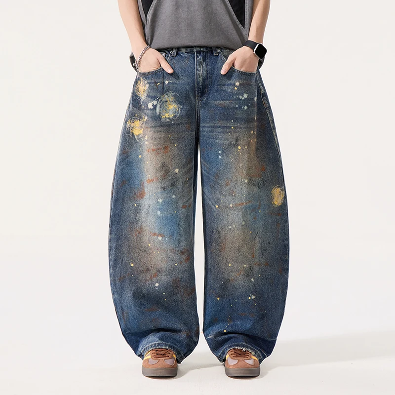 

American Style Ink Splash Graffiti Men's Jeans High Street Oversize Denim Long Pants Loose Washed Vintage Trousers