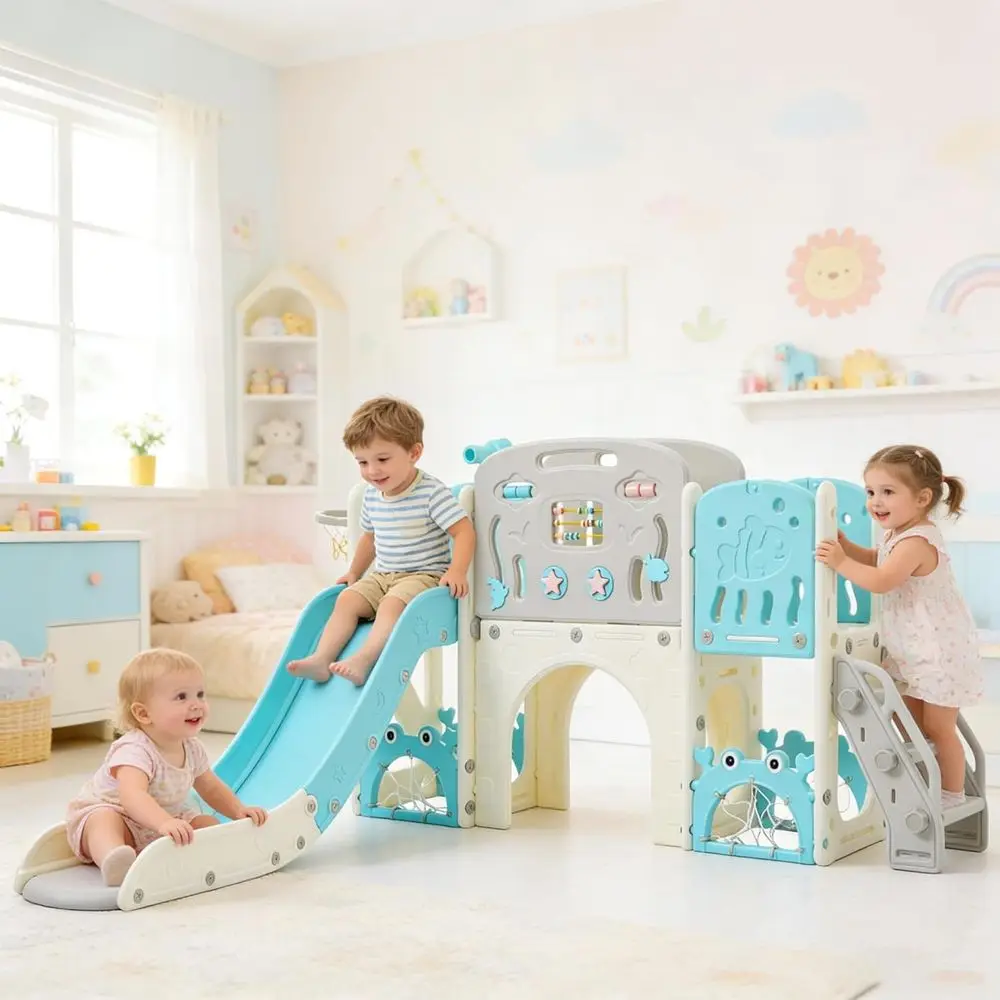 

All-in-One Toddler Play Center with Slide, Basketball, and Telescope - Indoor/Outdoor (Blue and Beige)