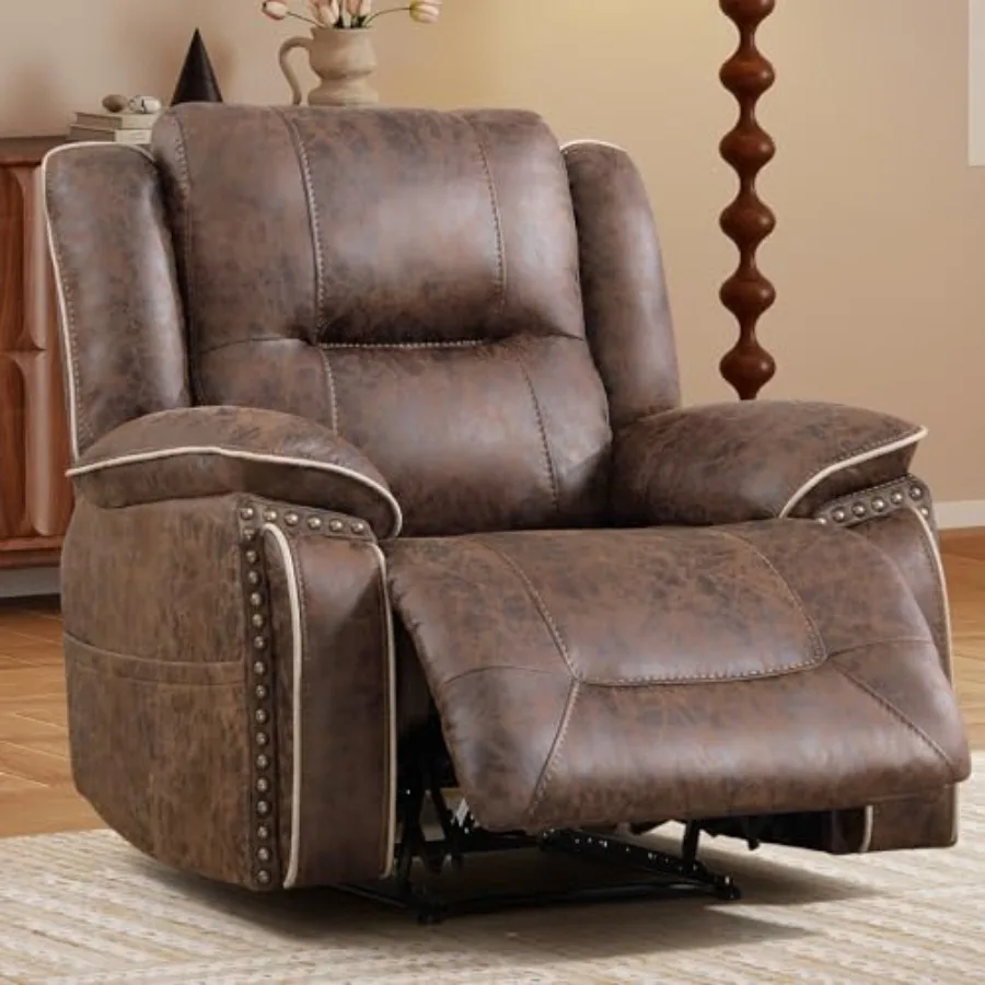 Faux Leather Manual Recliner Chair, 1 Seater Reclining Sofa Chair with Hidden Cup Holders, Vintage Rivet Mid-Century Design for