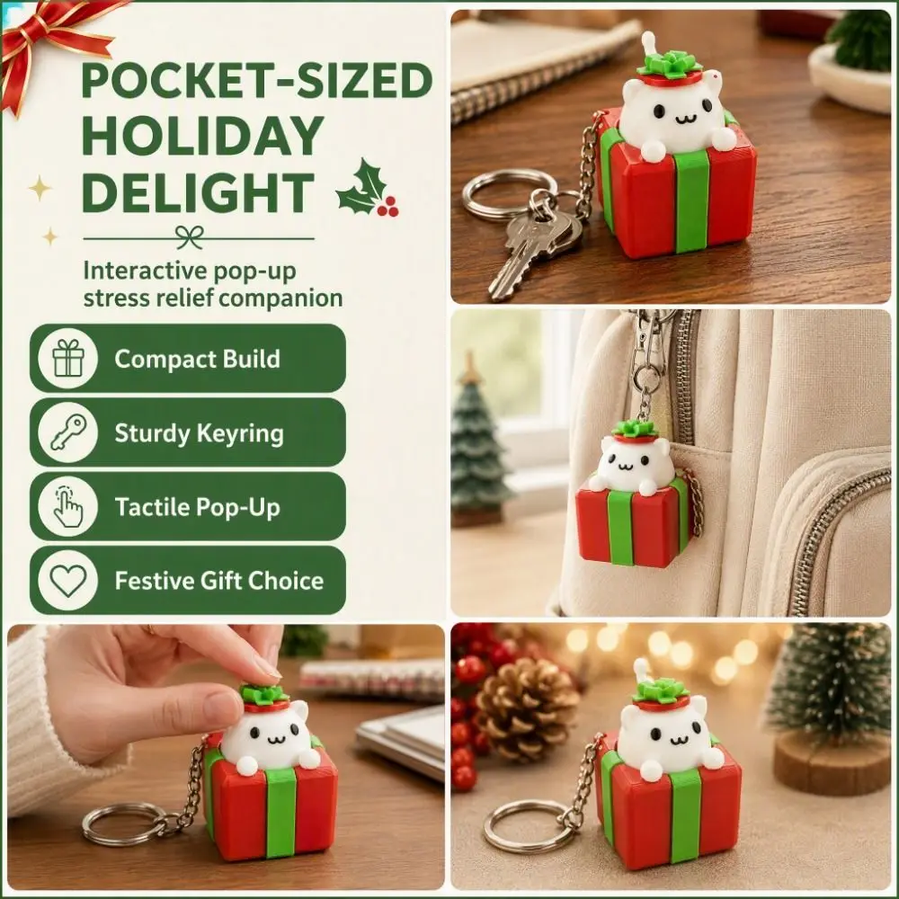 3D Printed Christmas Clicker Keychain Gift Box Shape Cute Button Press Key Ring Kawaii Style Cat Fidget Bag Cat Keychain