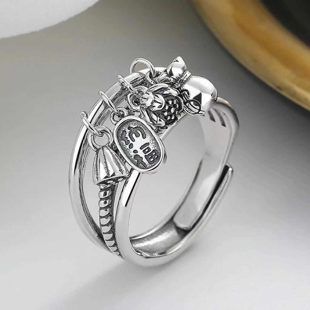 

Retro ethnic style personalized Nafu money bag lotus canopy ring niche design adjustable opening creative index finger ring