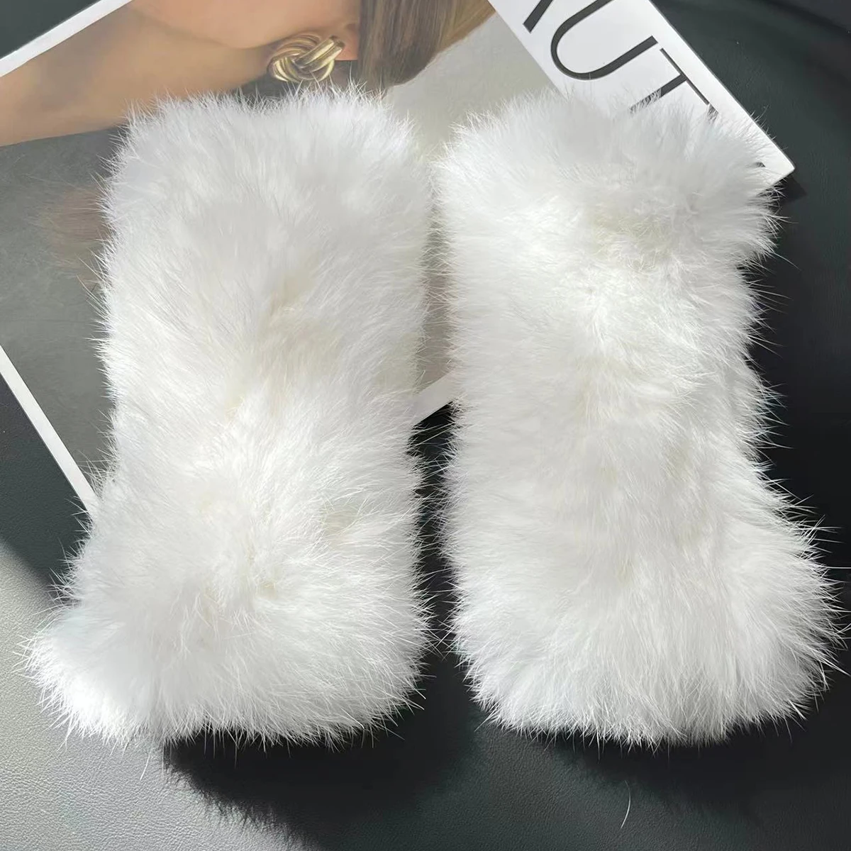 2024 New Women Knit Fur Mitten Girls 100% Real Genuine Knitted Rabbit Fur Mittens Winter Warm Real Natural Fur Fingerless Gloves