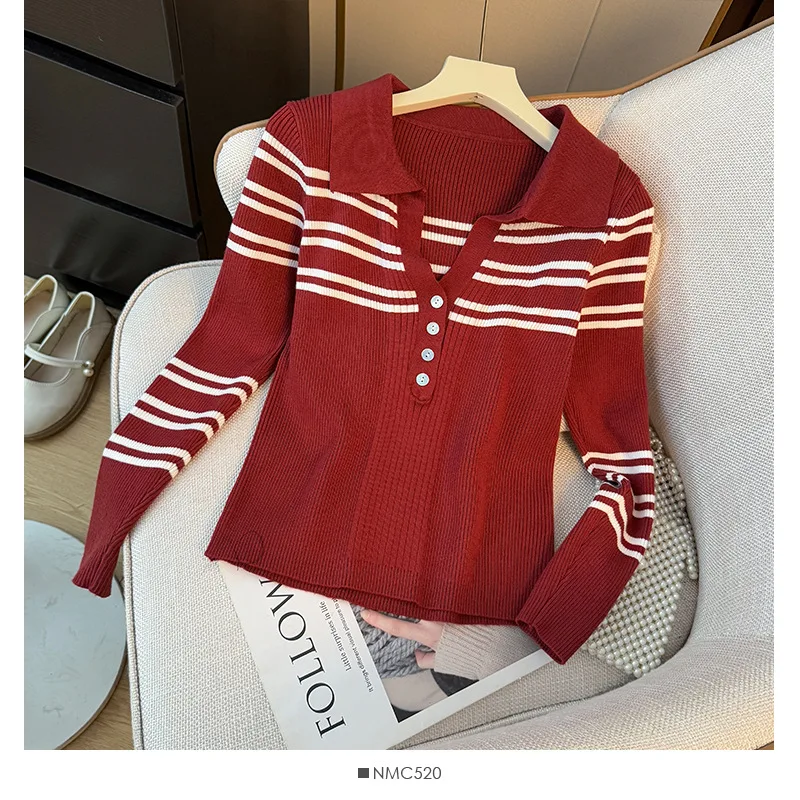 Elegante dames effen slanke trui contrasterende kleur gestreepte revers gebreide trui met lange mouwen