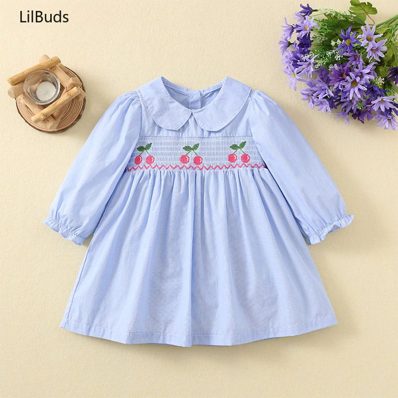 

2024 Girl Long Sleeve Clothes Children Pattern Doll Collar Blue Paid Dress Cherry Embroidered Cartoon Matching Spring and Autumn