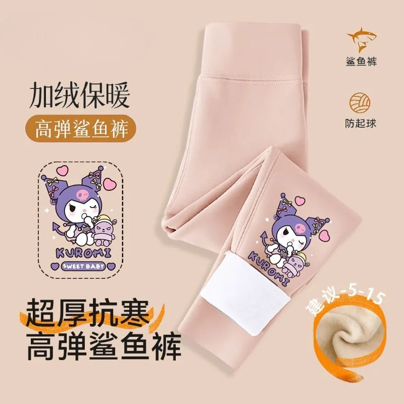 Pantalones de tiburón Kuromi de dibujos animados para niñas, además de terciopelo grueso, Otoño e Invierno, My melody, nuevas mallas de Yoga, pantalones Barbie para niños