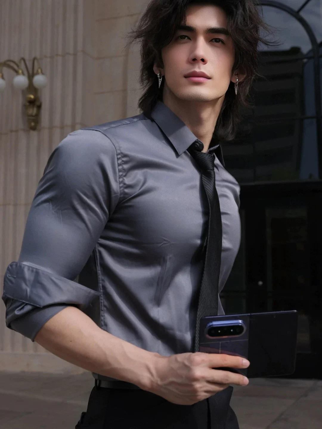 Deep Grey Silk Luster Men's Shirt Slim Fit Long Sleeve Acetate Satin Silk Shirt Trendy Base Layer Shirt Casual Style