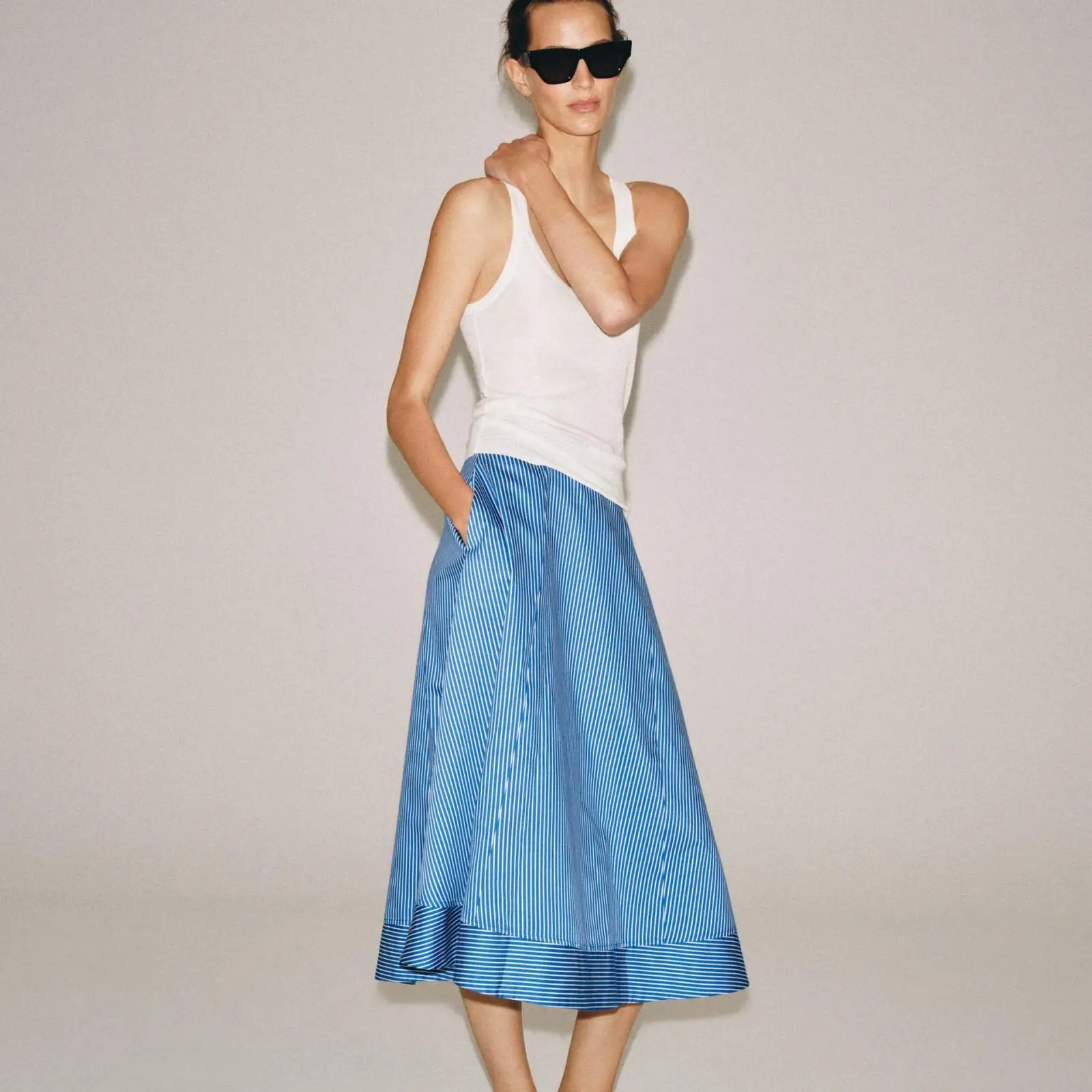 Spring Summer New Women's Fashionable Simple Stripe Cloak Skirt ZR Style All-Match High Waist Polyester Fiber Standard Version