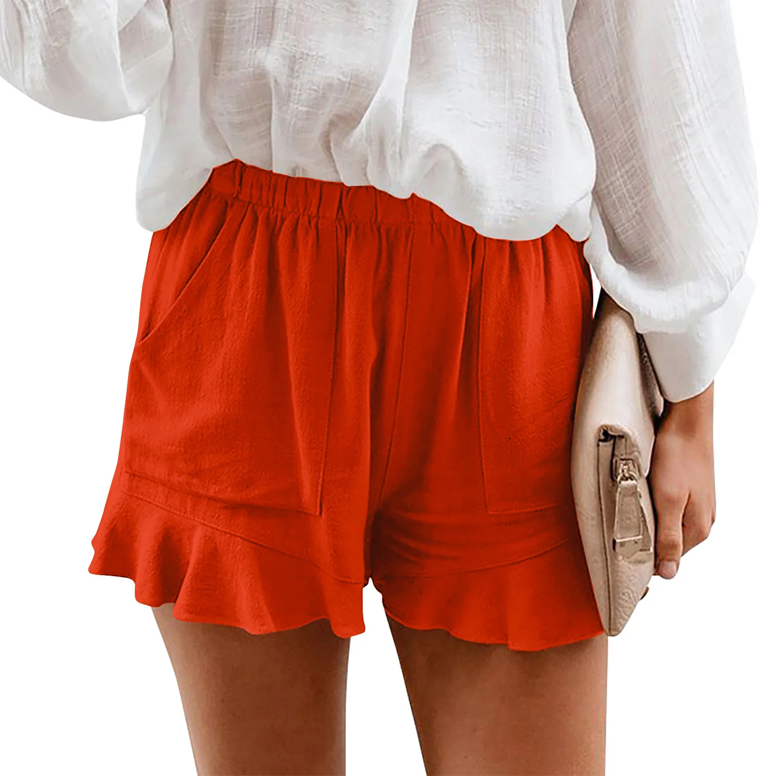 

Women'S Causal Shorts Summer Daily Classic All-Match Solid Color Elastic Waist Shorts Regular Loose Ruffles Shorts With Pockets