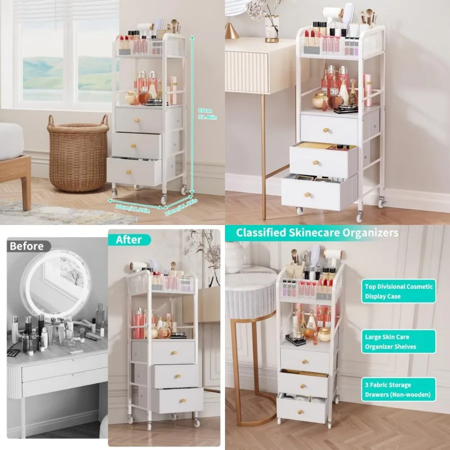 

Rolling Makeup Cart Organizer - Floor Skincare Make Up Storage with 3 Non-woven Fabric Drawers, Vanity Organizer Cosmetic Displ