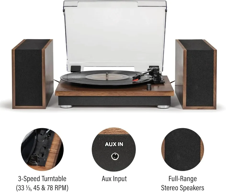 

3-Speed Bluetooth Vinyl Record Player Turntable with Matching Stereo Speakers and 6 Modular Layouts, Walnut