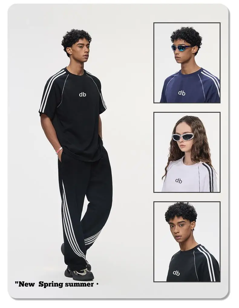 Men's sports striped short sleeved 240G pure cotton short sleeved T-shirt color blocking splicing short sleeved shirt