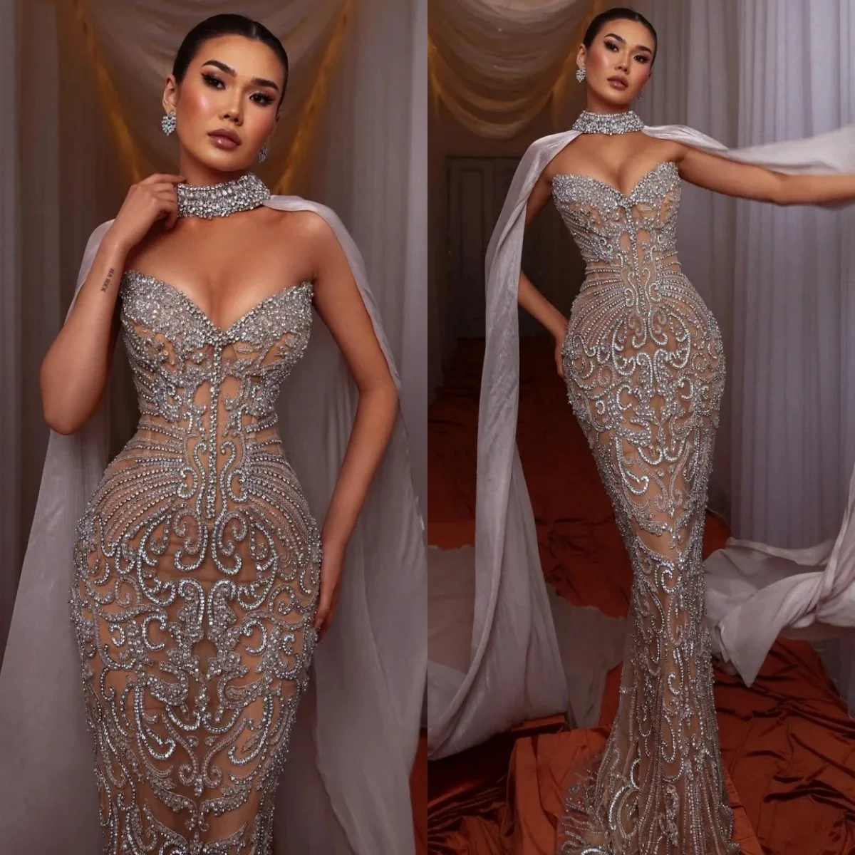 

See Through Wedding Dresses Rhinestone Beading Bridal Gowns with Cape Strapless Illusion Mermaid Customized Vestidos De Novia