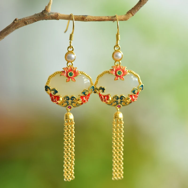 

Серьги из натурального нефрита Хэтянь, рыбы, эмаль, стерлинговое серебро, кисточка, серьги в китайском стиле в стиле ретро