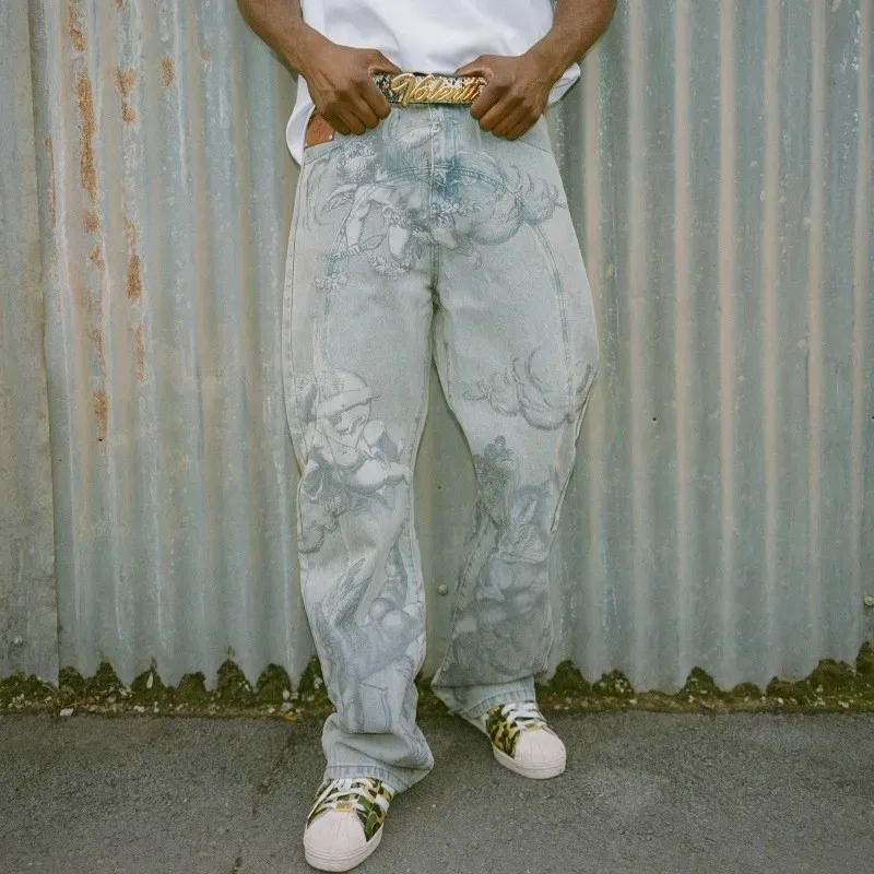 

High Street Y2k Angel Baggy Jeans American Hip Hop Retro Cupids Arrow Men Women Pants Streetwear Unisex Casual Straight Jeans