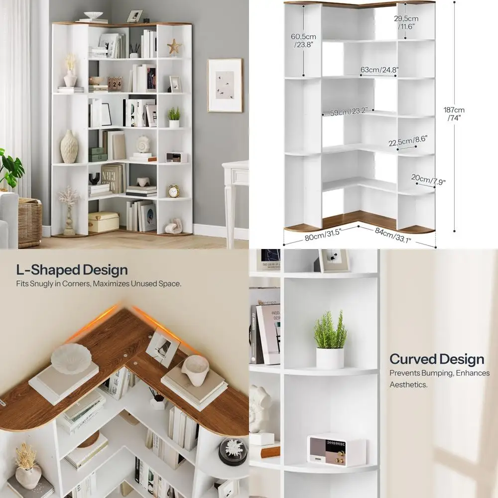 خزانة كتب زاوية على شكل حرف L للمكتب المنزلي وغرفة المعيشة، 74 طويلًا، رف عرض 6 طبقات للكتب والديكور #1