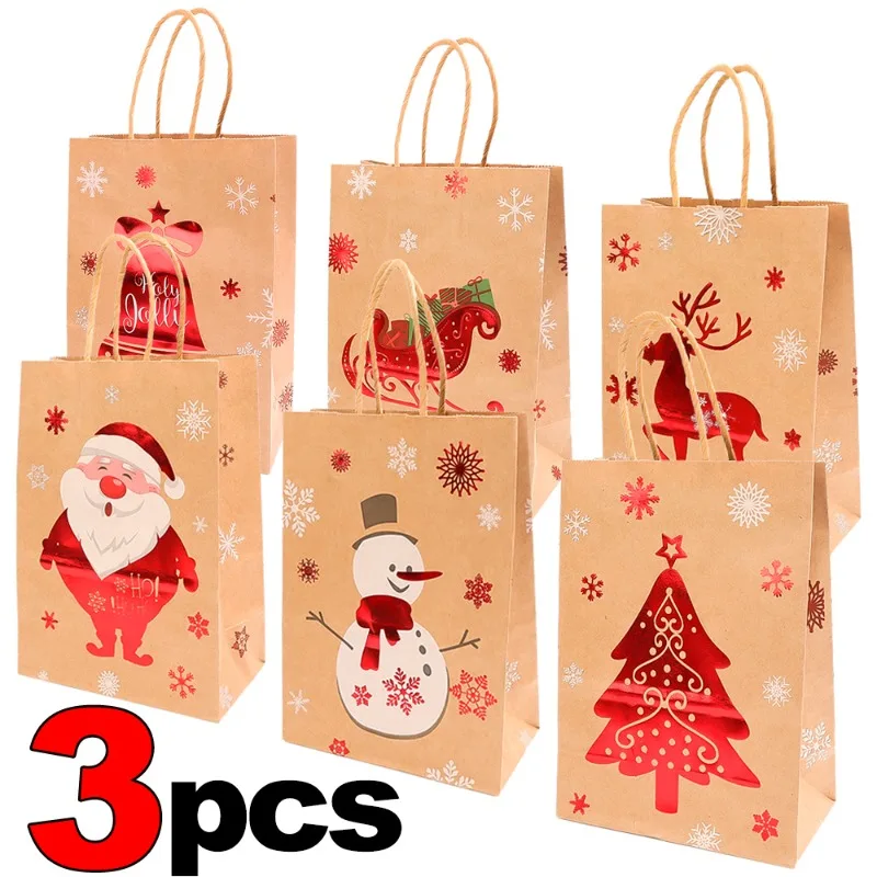 1/2/3Pcs Christmas Kraft Paper Bag Santa Claus  Snowflake Small Bell Christmas Packaging Supplies Xmas Packaging Gift Paper Bags