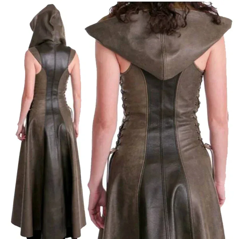 فستان نسائي مثير برباط من الجلد بقلنسوة على الطراز القوطي ملابس تنكرية للكبار أزياء الهالوين القوطية