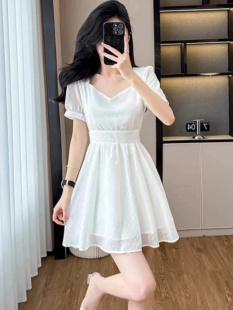 2025 ホワイトジャカード半袖スクエアカラーミニドレス女性エレガントカジュアル A ラインドレス夏の韓国ボディコン誕生日ドレス