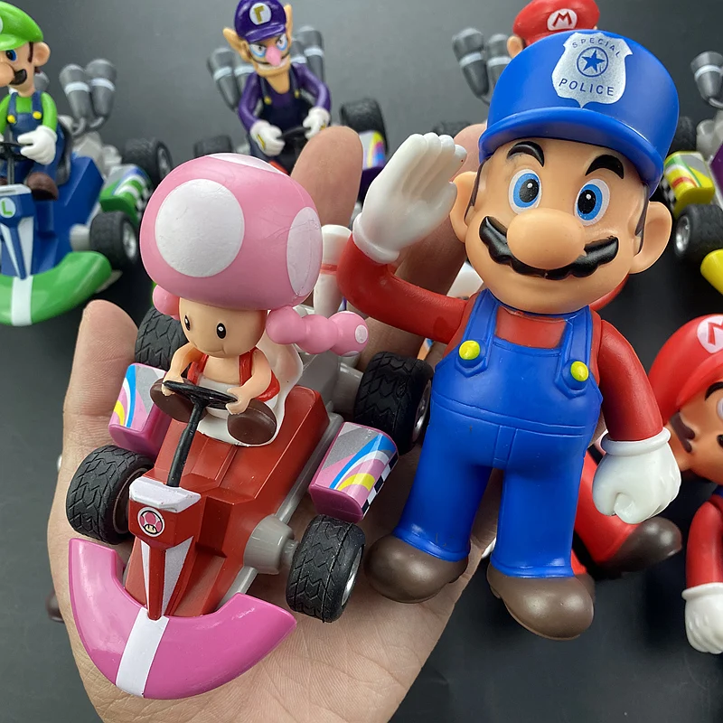 Super mario bros dos desenhos animados bonecas modelo anime figuras luigi yoshi mario puxar para trás carro modelo colecionável brinquedos para crianças presente de aniversário