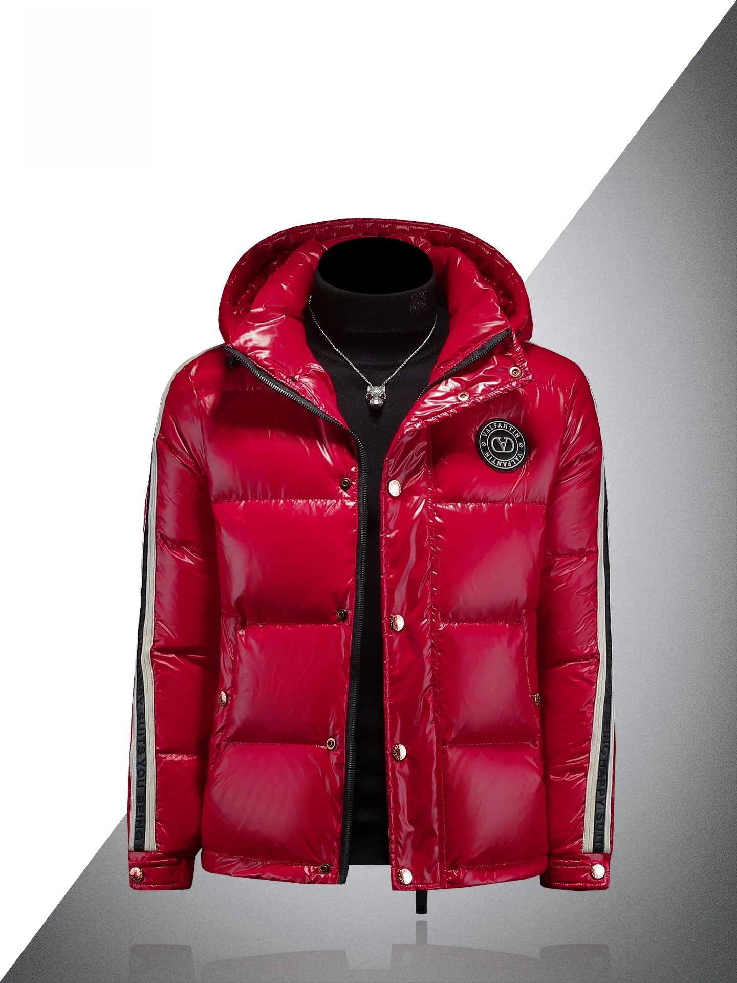 

High-End Red Glossy Hooded Men's down Jaet ort Thi Warm Outerwear Youth Faion Winter Warmth Waterproof Polyester Fiber