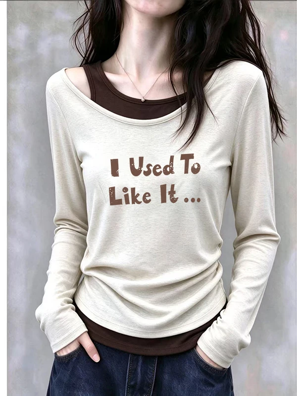 Korean Style Long Sleeve T-Shirt Color Block Design Shoulder Angle Design Summer New Arrival Soft Comfortable Polyester Fiber