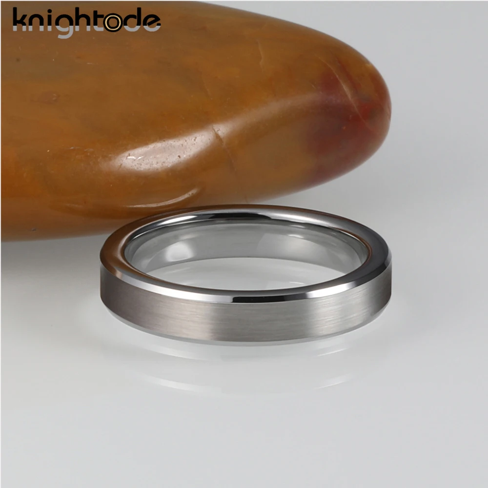 4mm Silvery Tungsten Carbide Wedding Rings For Women  Anniversary Jewelry Pinky Ring Beveled Edges Brushed Surface Comfort Fit
