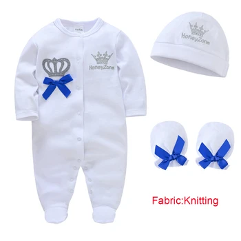 Honeyzone Baby Boy Girls ubrania Romper + rękawiczki + czapka 3 sztuk/partia wzór korony bawełna Bebe odzież kombinezon dla niemowląt z długim rękawem