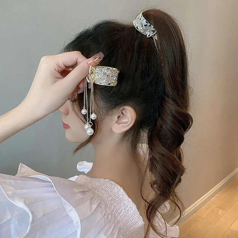 

1Pc Pearl Fringe Hair Clip Rhinestone Ponytail Clip Cute Girl No Collapse Hair Clip Half A Ponytail Clip Fixed Hair Claw