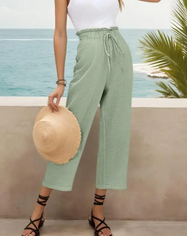 Calças Elegantes Casuais de Verão para Mulheres, Cintura Alta, Cor Sólida, Com Cintura Elástica, Largas e Soltas