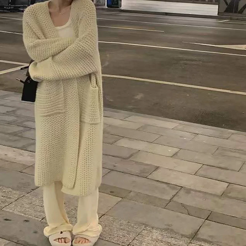 Soft Skin-Friendly Lazy Style Thick Mid-Length Knitted Cardigan Thick Thread Hollow Twist Loose Long-Sleeved Sweater Jacket