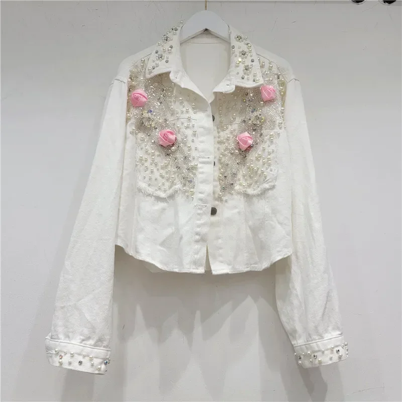 

MOJY Work Beading Embroidery Big Pocket Denim Jacket Women Loose Short Cowboy Outerwear Gradient Color Jeans Jacket Coat Female