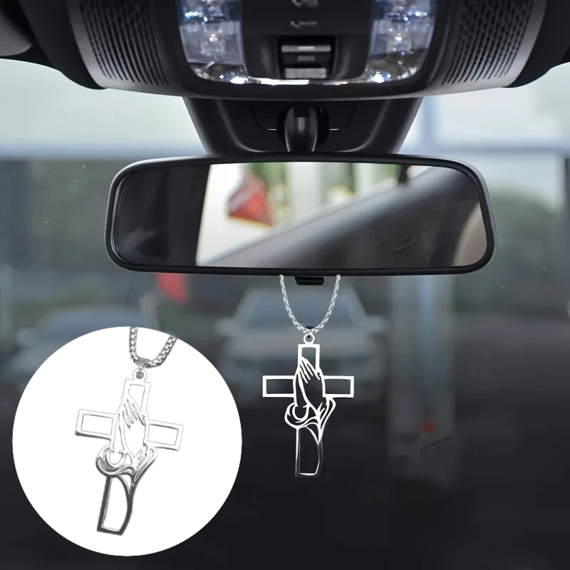 1Pc Hollow Prayer Hands Cross Pendant Car Rearview Mirror Hanging Ornament Interior Window Decor Accessory