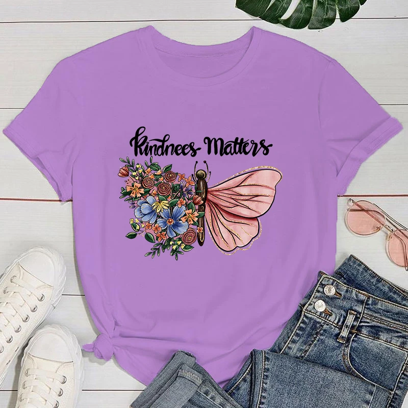 (Premium T-shirt)Funny Kindness Matters Flowers Butterfly Printed Shirt Women'S Casual Personality T-Shirt Female Summer Cute T